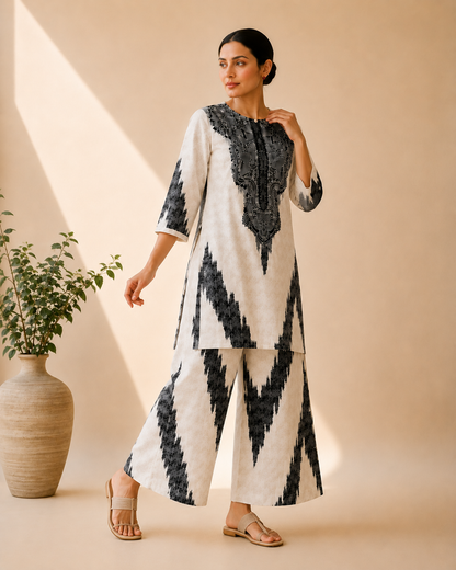 Ivory & Black Artistic Print Kurta Palazzo Set