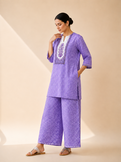 Lavender Bandhani Print Kurta Palazzo Set
