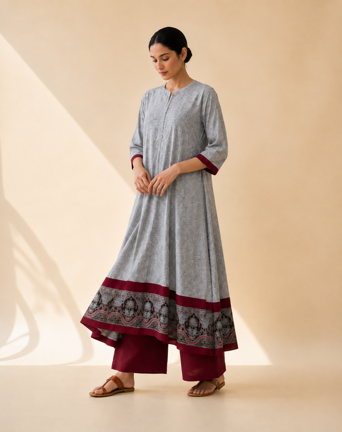 Dove Grey & Maroon Heritage Border Flared Kurta Palazzo Set