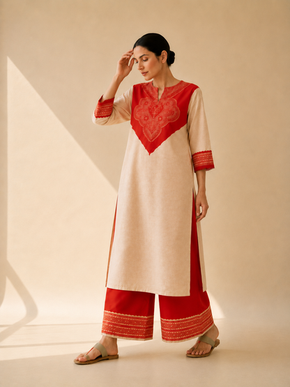 Ivory & Red Heritage Motif Kurta Palazzo Set