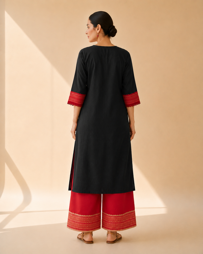 Black & Red Statement Yoke Kurta Palazzo Set