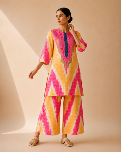 Fuchsia Pink & Mustard Artistic Print Kurta Palazzo Set
