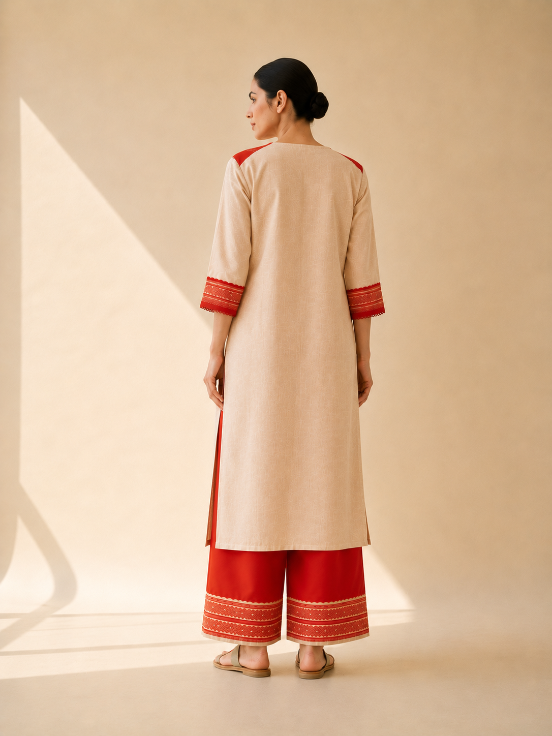 Ivory & Red Heritage Motif Kurta Palazzo Set