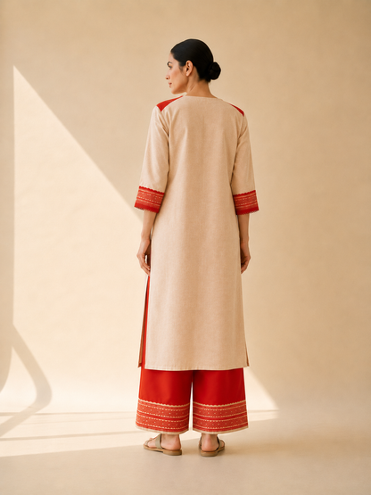 Ivory & Red Heritage Motif Kurta Palazzo Set