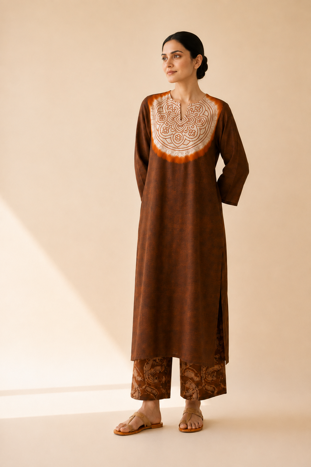 Women's Premium Brown Cotton Tie-Dye Embroidered Kurta Set