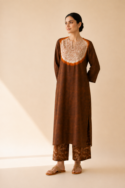 Women's Premium Brown Cotton Tie-Dye Embroidered Kurta Set