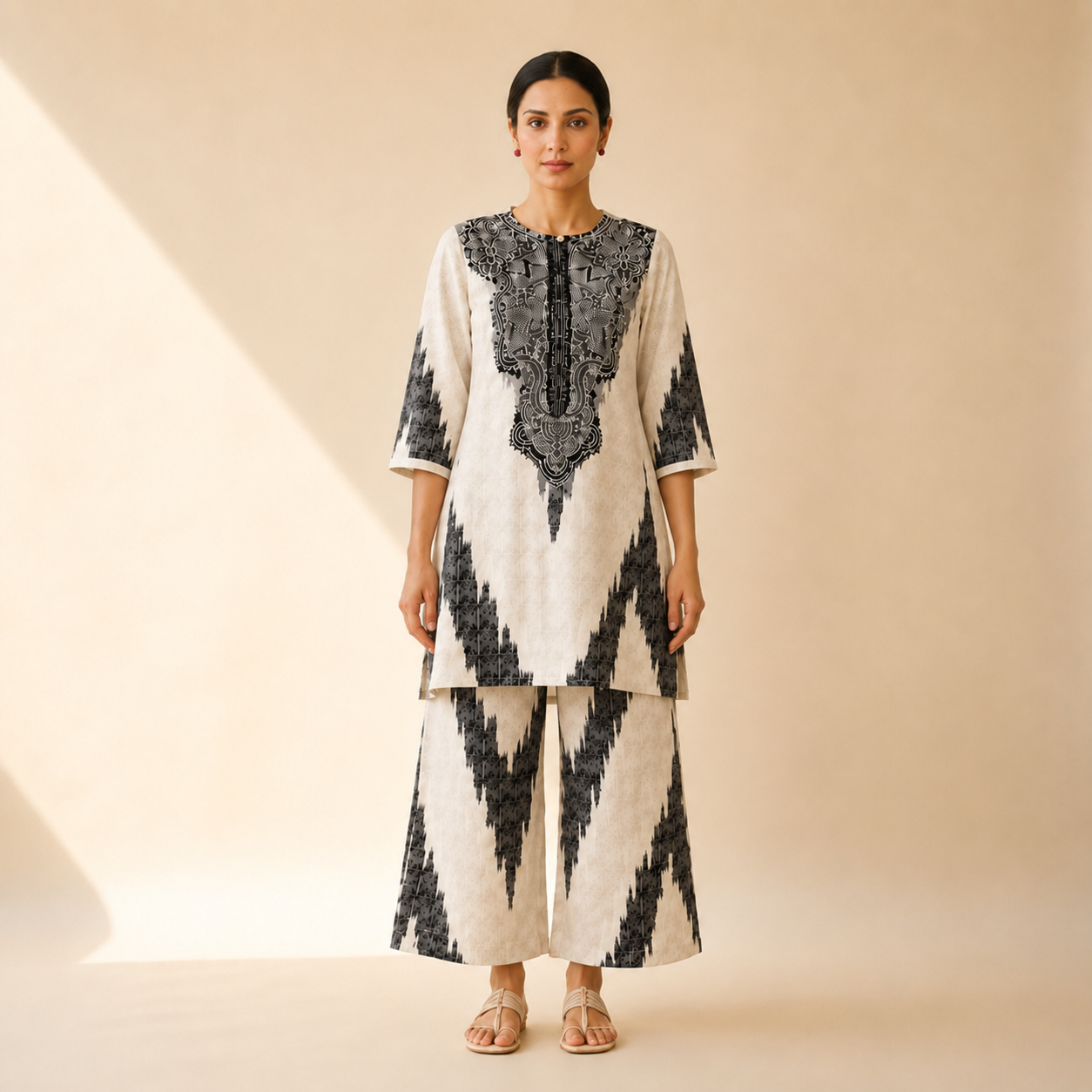 Ivory & Black Artistic Print Kurta Palazzo Set