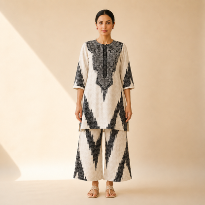 Ivory & Black Artistic Print Kurta Palazzo Set