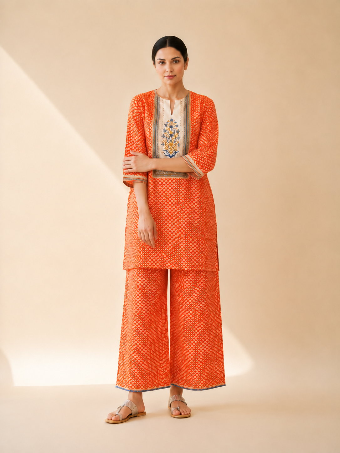 Orange Bandhani Print Kurta Palazzo Set