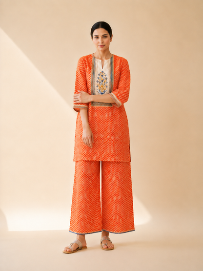 Orange Bandhani Print Kurta Palazzo Set