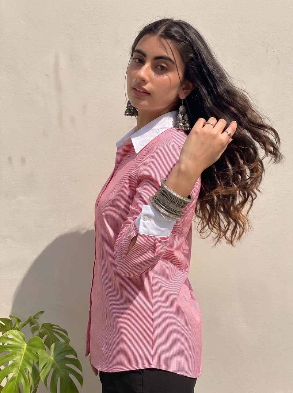 Rose Pink Pinstripe Contrast Collar Shirt