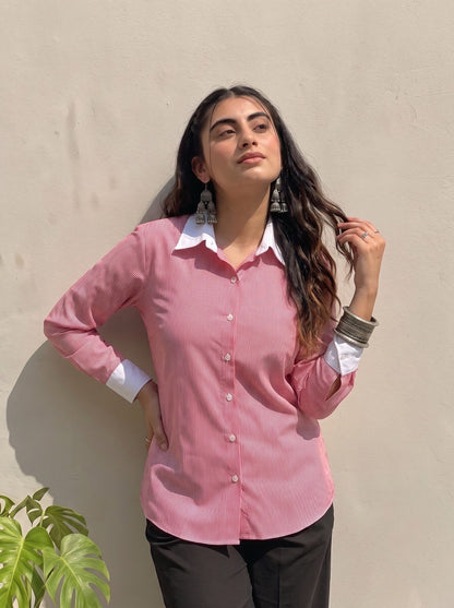 Rose Pink Pinstripe Contrast Collar Shirt