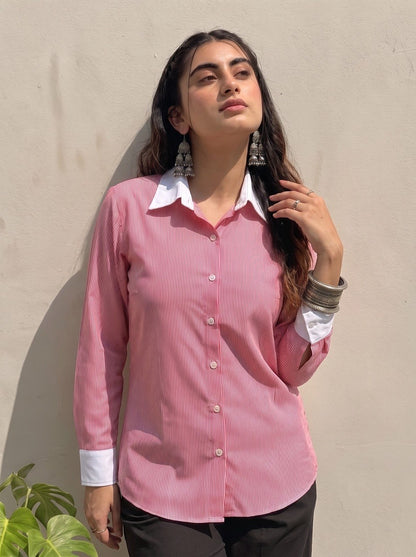 Rose Pink Pinstripe Contrast Collar Shirt
