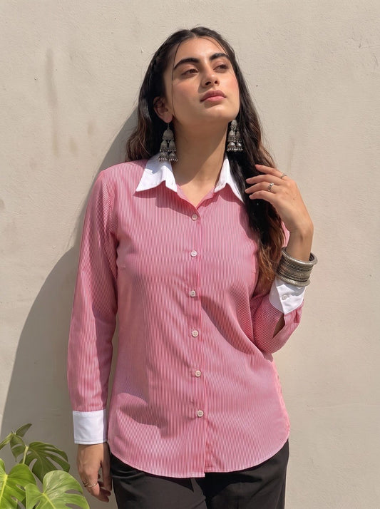 Rose Pink Pinstripe Contrast Collar Shirt