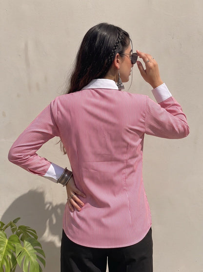 Rose Pink Pinstripe Contrast Collar Shirt