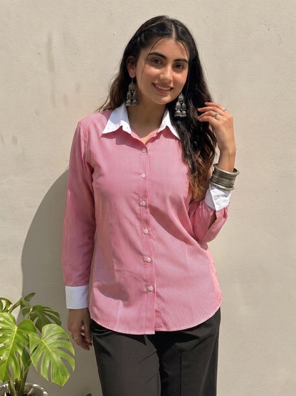 Rose Pink Pinstripe Contrast Collar Shirt