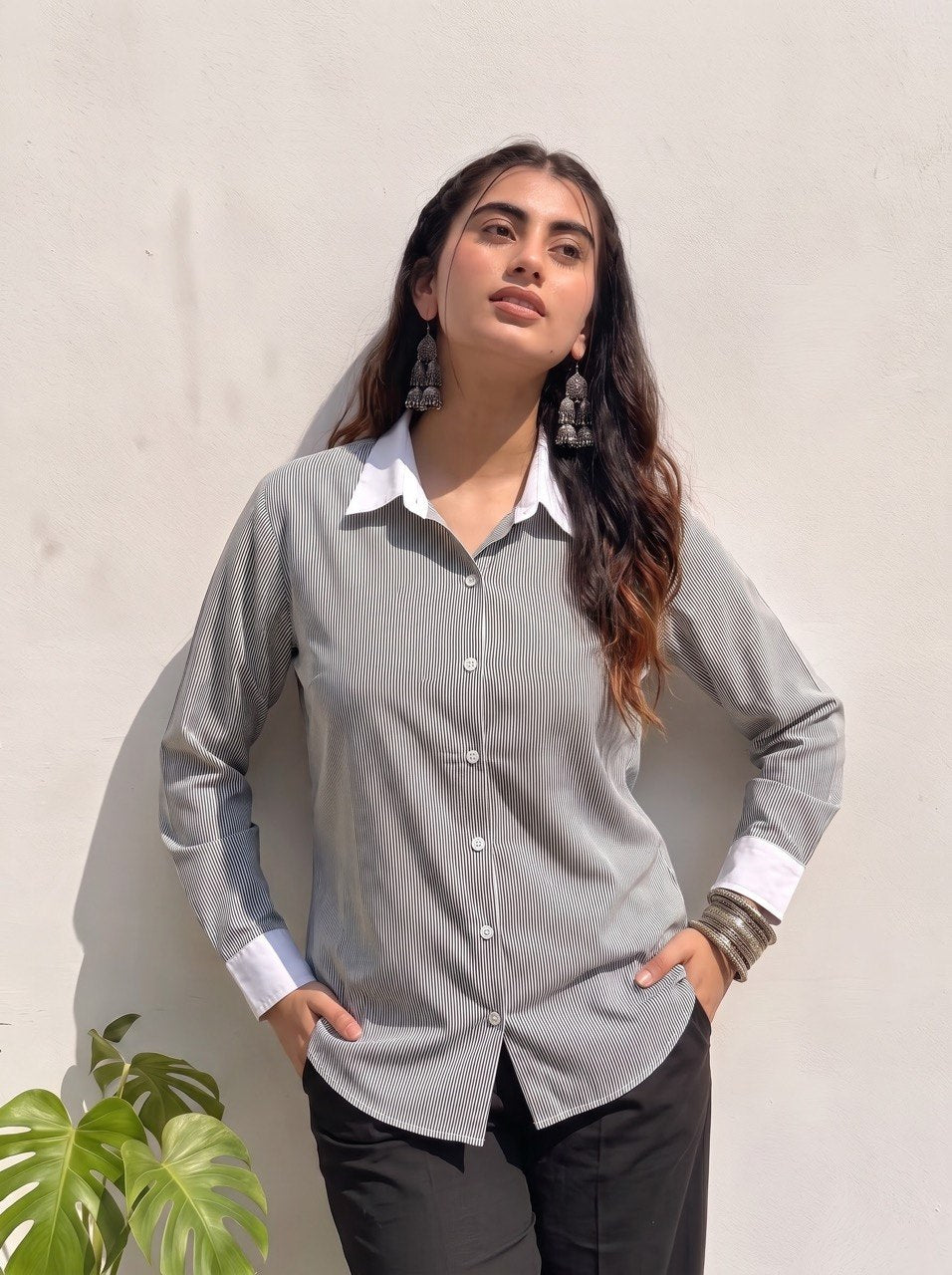 Black Pinstripe Contrast Collar Shirt