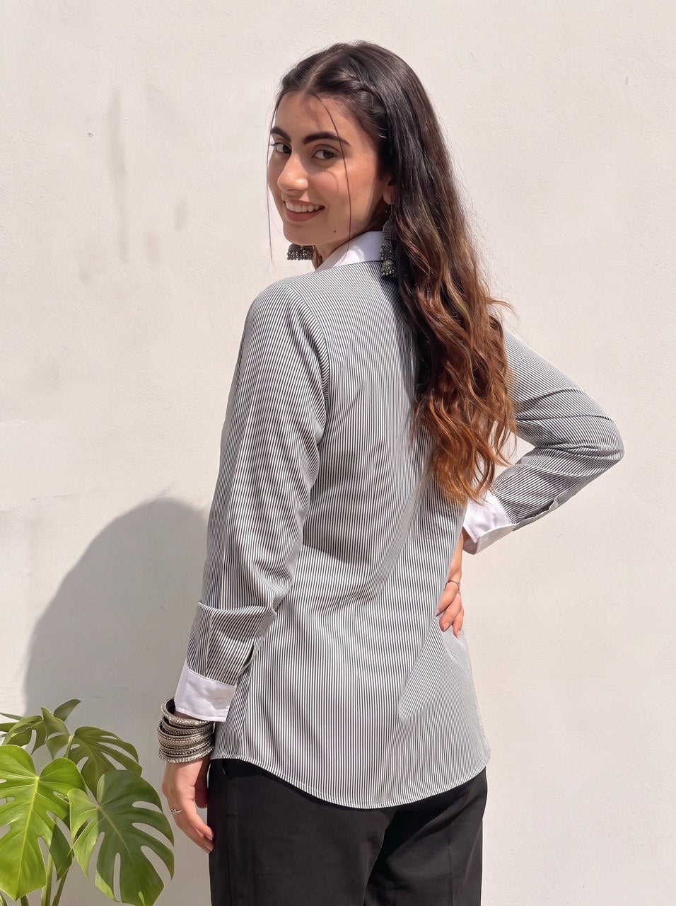 Black Pinstripe Contrast Collar Shirt