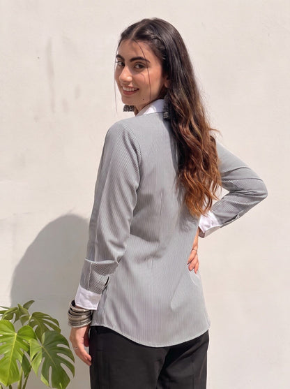 Black Pinstripe Contrast Collar Shirt