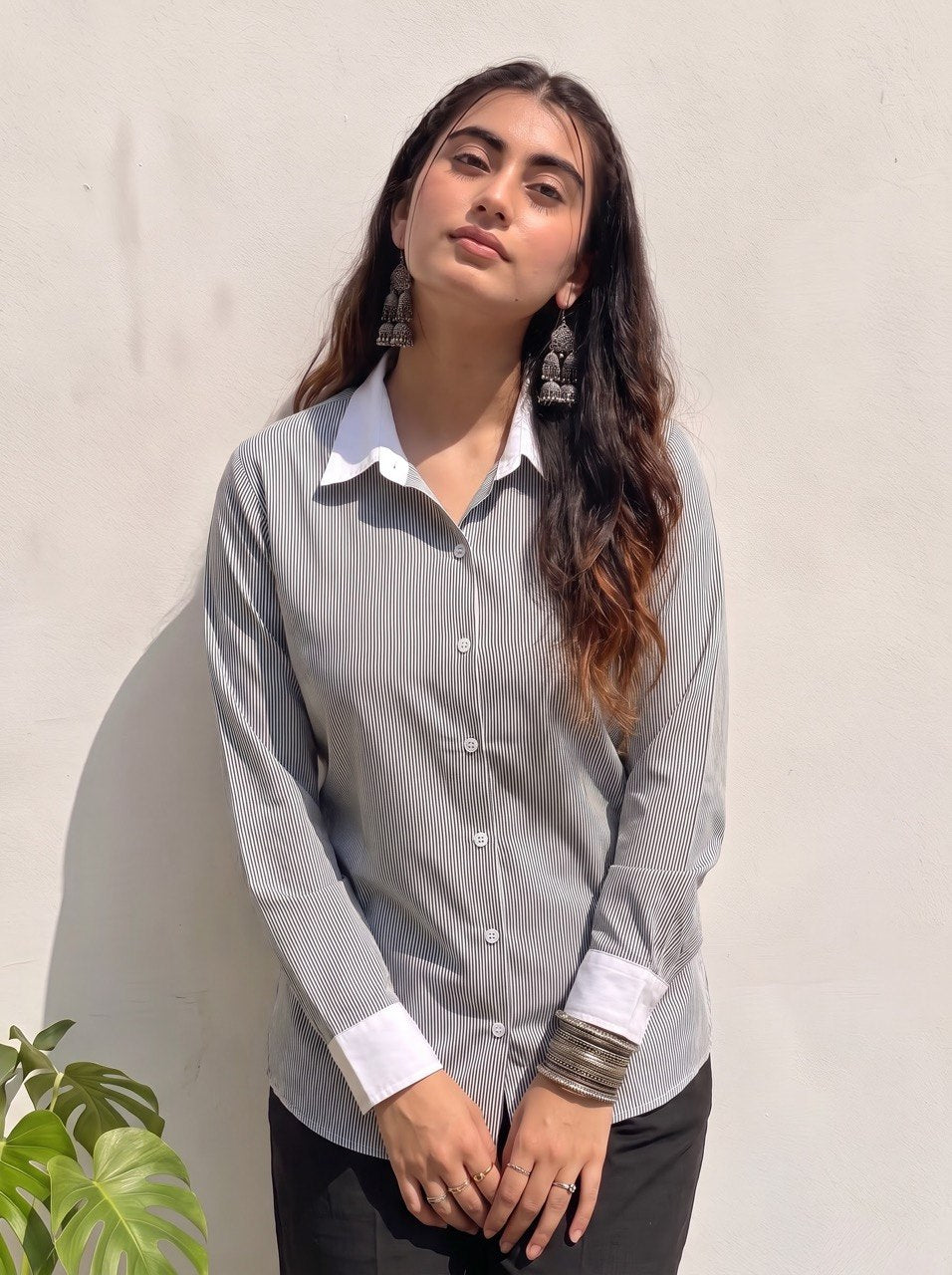 Black Pinstripe Contrast Collar Shirt