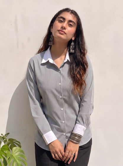 Black Pinstripe Contrast Collar Shirt