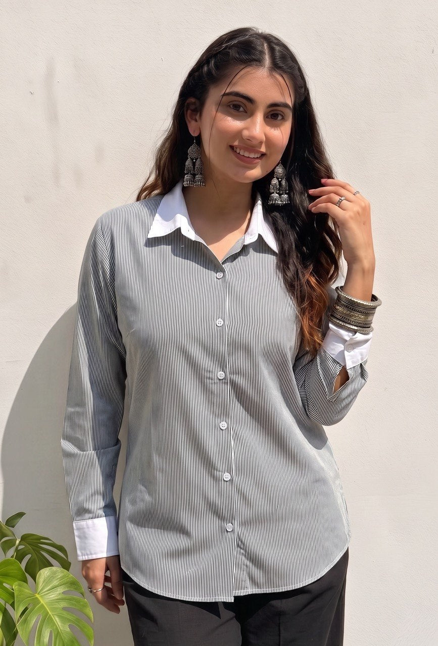 Black Pinstripe Contrast Collar Shirt