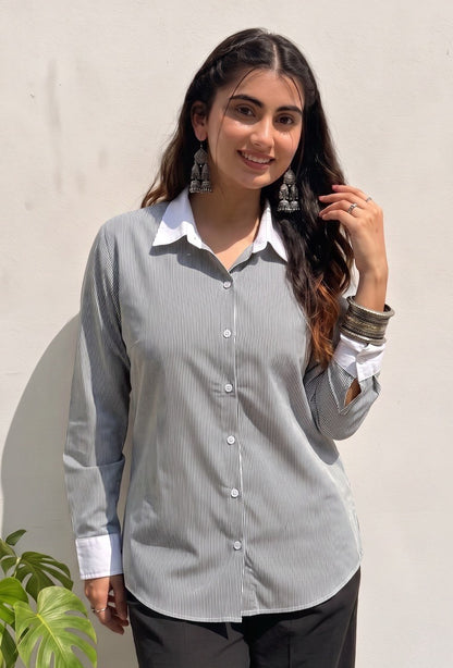 Black Pinstripe Contrast Collar Shirt