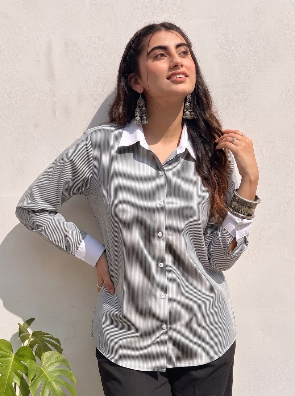 Black Pinstripe Contrast Collar Shirt