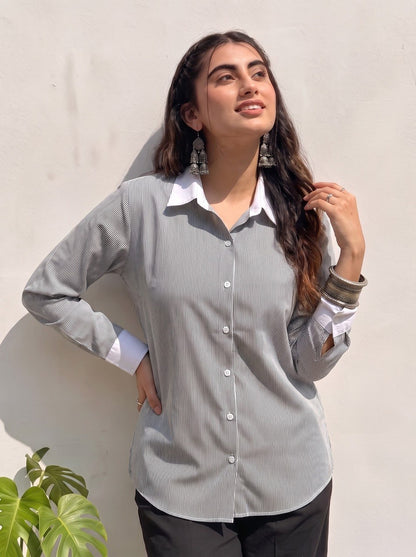 Black Pinstripe Contrast Collar Shirt