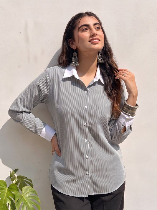 Black Pinstripe Contrast Collar Shirt
