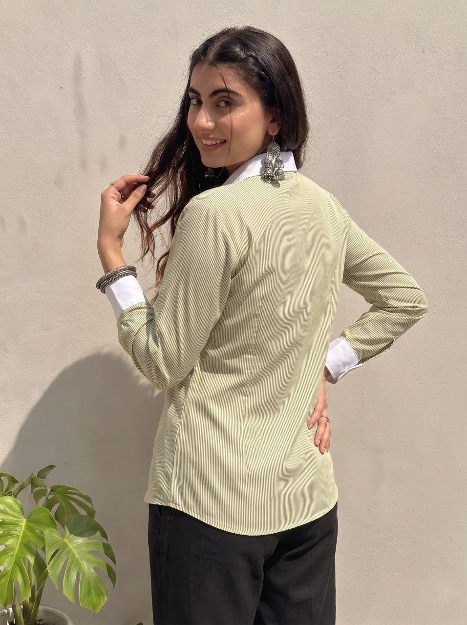 Sage Green Pinstripe Contrast Collar Shirt