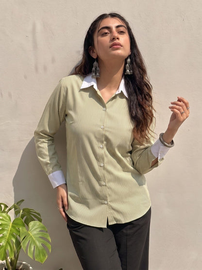 Sage Green Pinstripe Contrast Collar Shirt