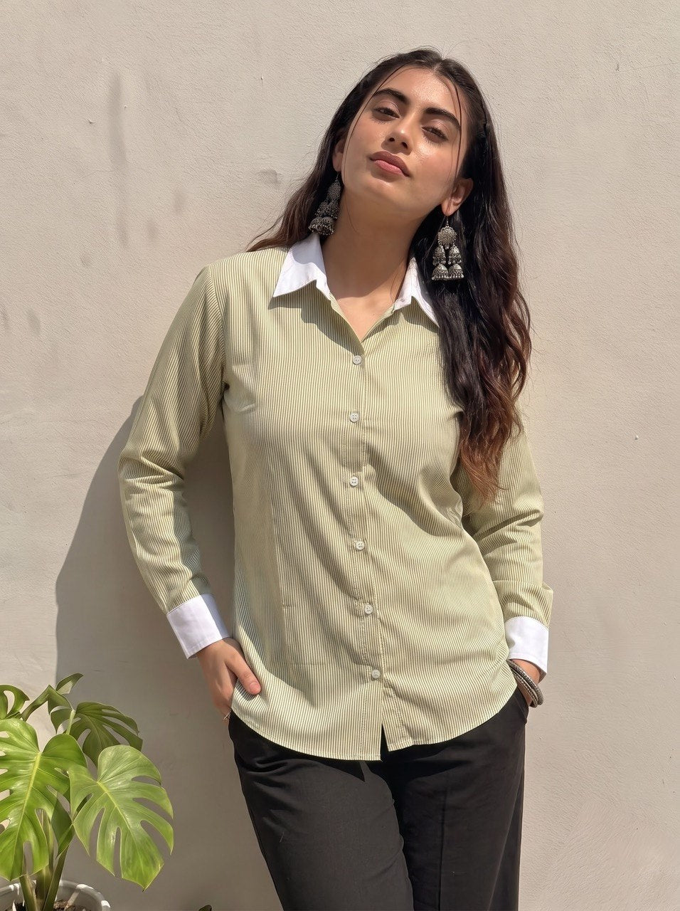 Sage Green Pinstripe Contrast Collar Shirt