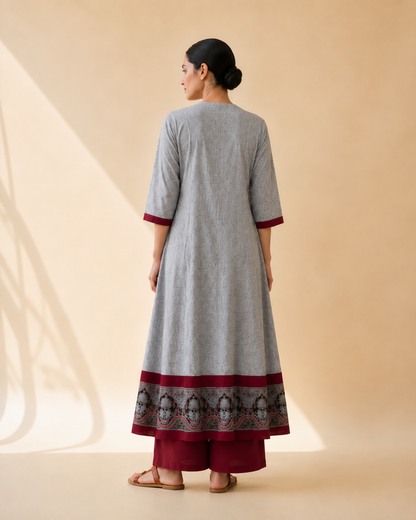 Dove Grey & Maroon Heritage Border Flared Kurta Palazzo Set