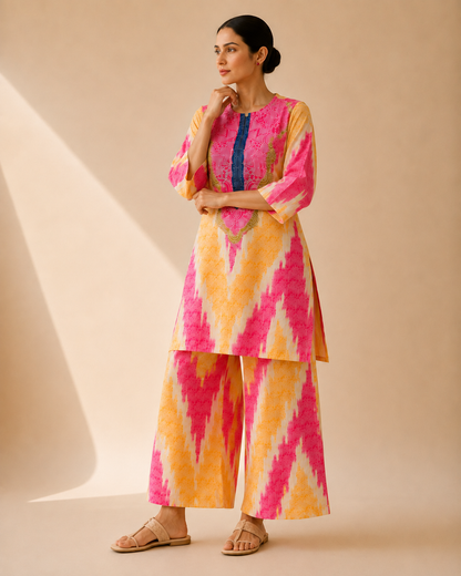 Fuchsia Pink & Mustard Artistic Print Kurta Palazzo Set