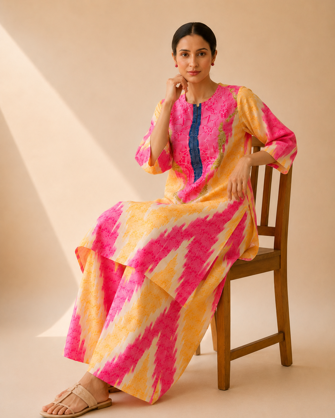 Fuchsia Pink & Mustard Artistic Print Kurta Palazzo Set
