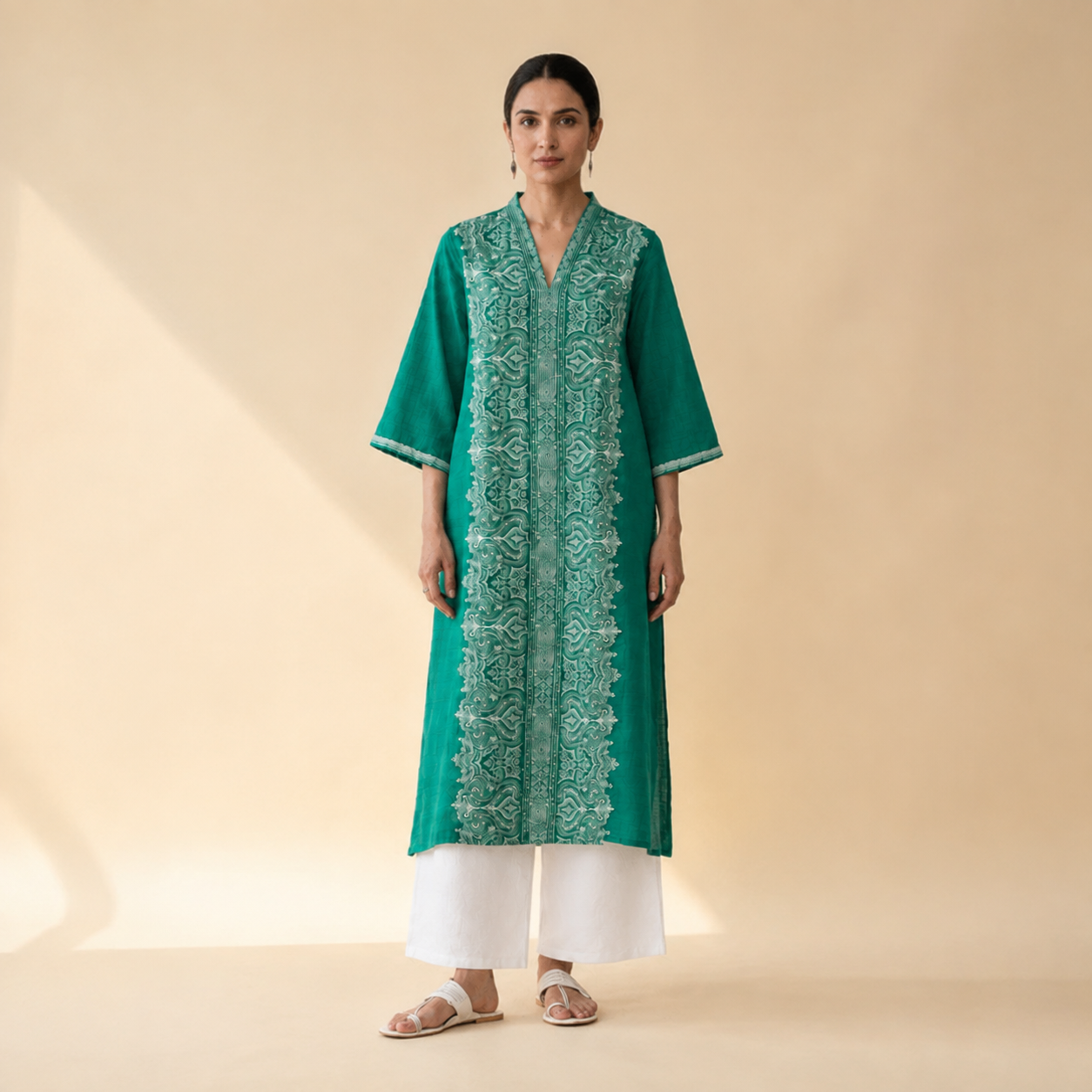 Emerald Elegance Embroidered Kurta Palazzo Set