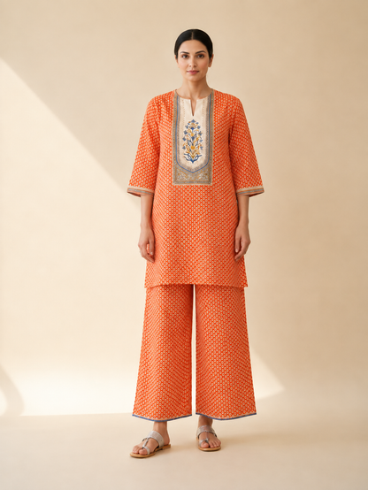 Orange Bandhani Print Kurta Palazzo Set