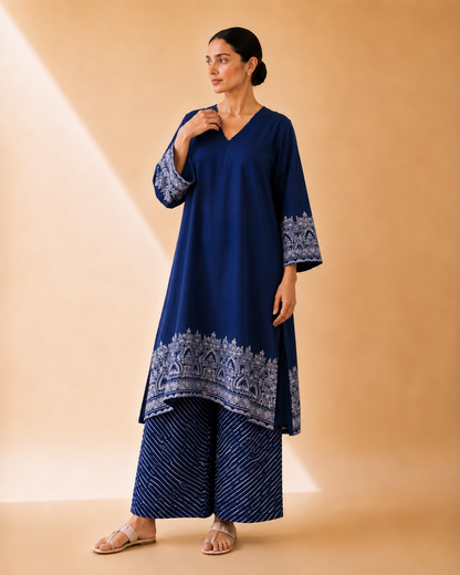 Royal Navy Blue Heritage Border Kurta Palazzo Set