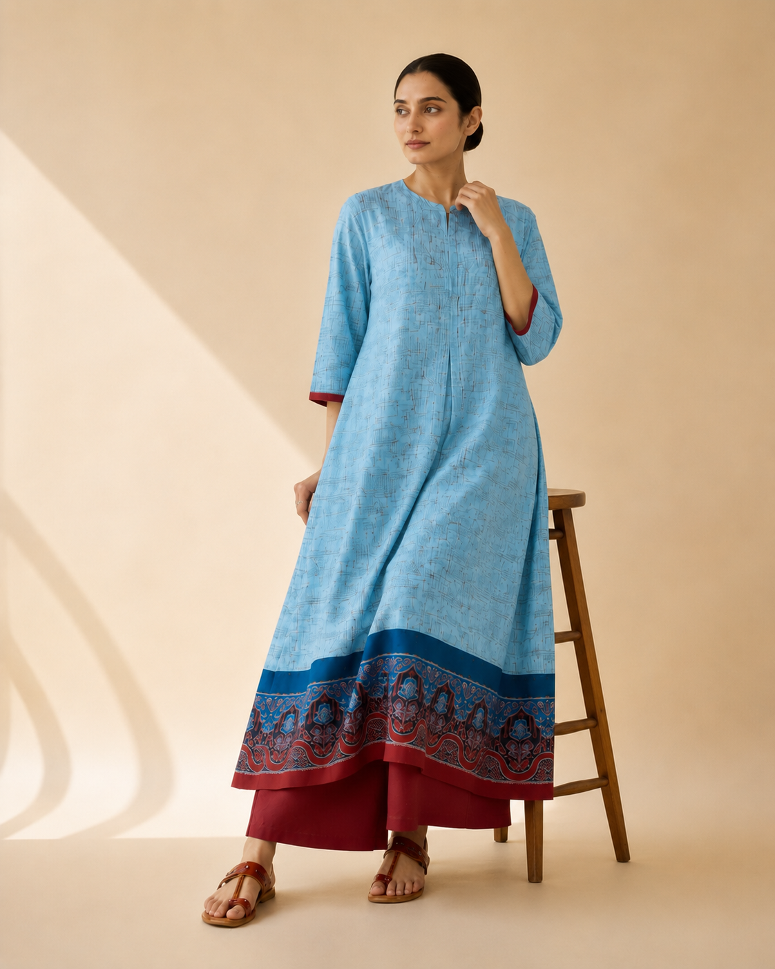 Sky Blue Heritage Border Flared Kurta Palazzo Set