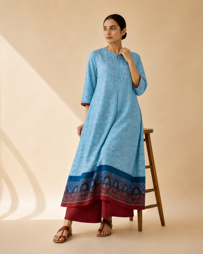 Sky Blue Heritage Border Flared Kurta Palazzo Set