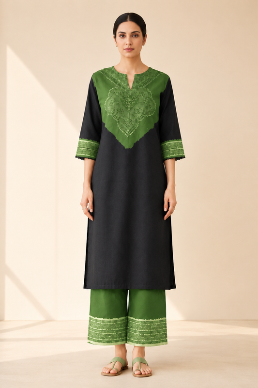 Black & Olive Green Heritage Yoke Kurta Palazzo Set