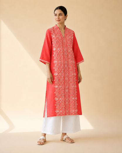 Coral Red Embroidered Kurta Palazzo Set