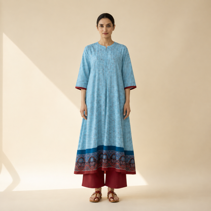 Sky Blue Heritage Border Flared Kurta Palazzo Set