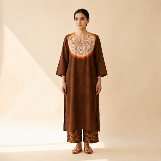 Women's Premium Brown Cotton Tie-Dye Embroidered Kurta Set