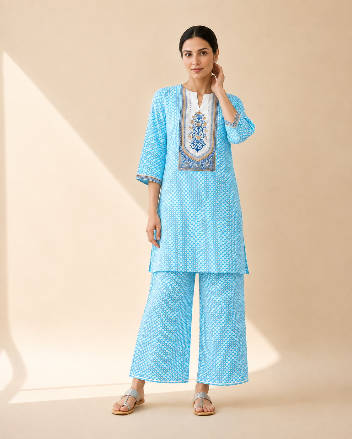 Sky Blue Bandhani Print Kurta Palazzo Set