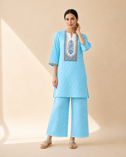 Sky Blue Bandhani Print Kurta Palazzo Set