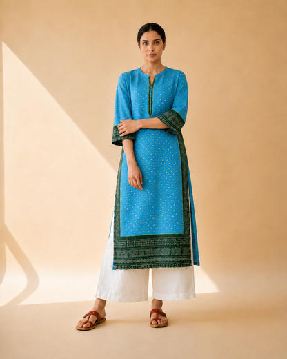 Sky Blue & Bottle Green Heritage Border Kurta Palazzo Set