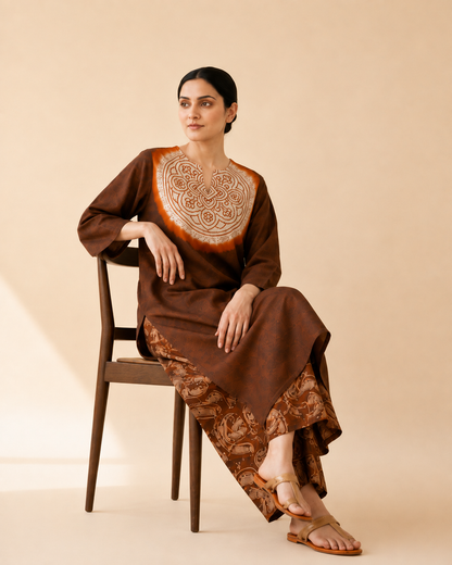 Women's Premium Brown Cotton Tie-Dye Embroidered Kurta Set