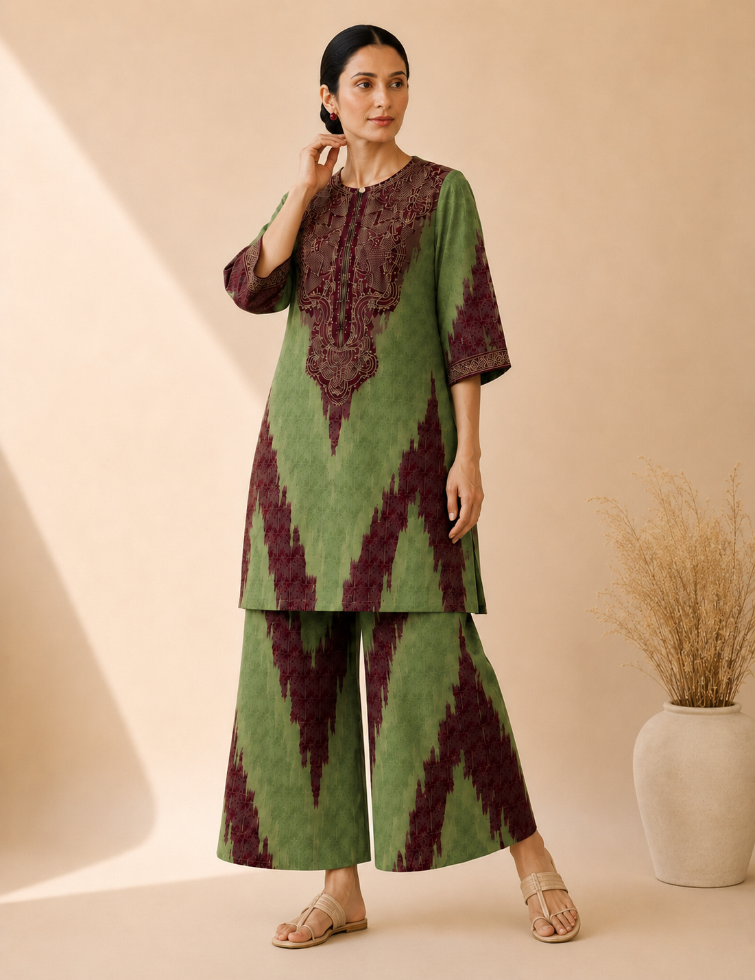 Olive Green & Maroon Artistic Print Kurta Palazzo Set